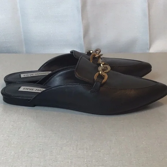 Steve Madden Black Leather Mules with Gold Chain EUC - Picture 7 of 10